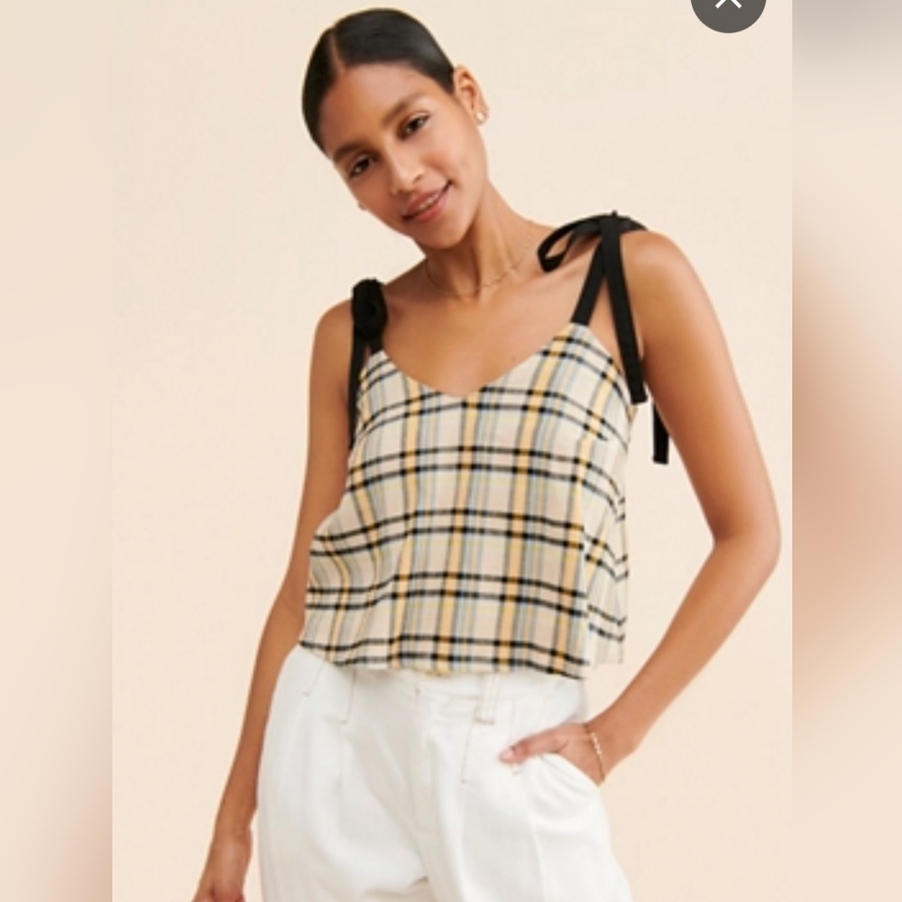 Eve Gravel Yellow Plaid Tank Top with Black Straps